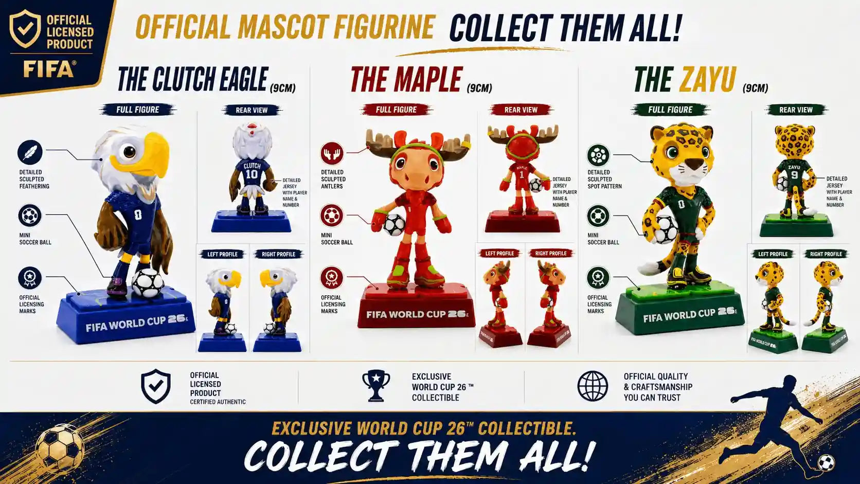 Clutch Zayu and Maple World Cup 2026 mascot collectibles display